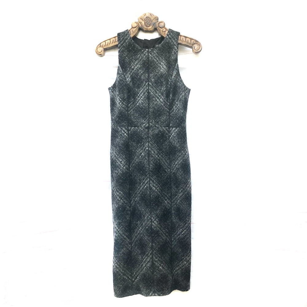 Banana Republic Plaid Wool Blend Sleeveless Sheath Midi Dress Dark Grey 6